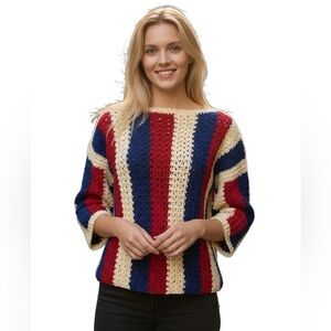 Hand Knit Crochet Striped Multicolor Pullover Sweater Fits NEW Women’s Size S/M